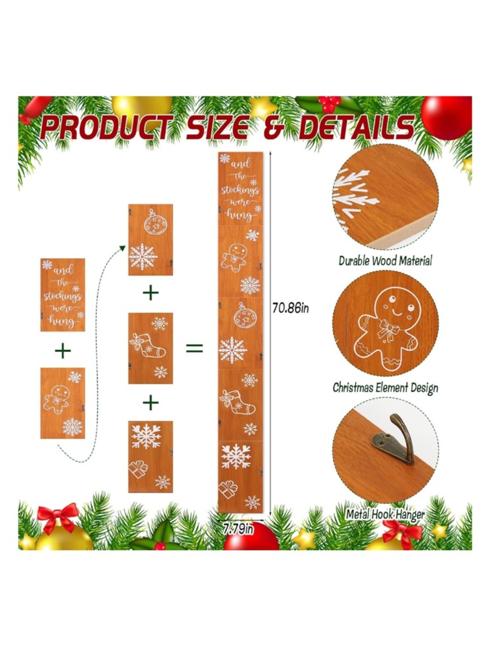 Christmas Stocking Holder “ And The Stockings Were Hung” Wooden Holder 6 Hooks - Picture 3 of 8